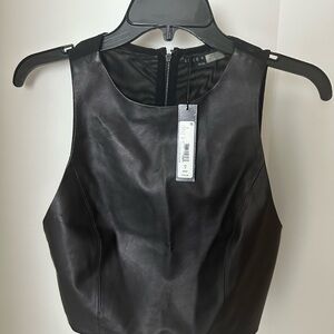 NWT $395 Alice + Olivia Lambskin Leather Black Sleeveless Top Back Zip Crop Sz 2